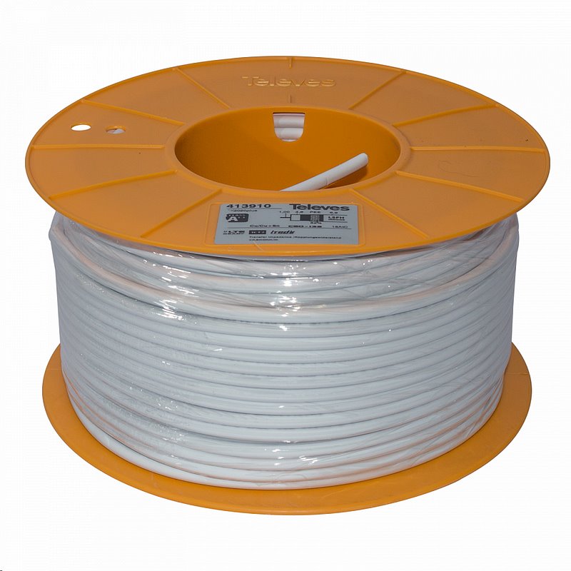 Kabel koaxiální Televes 413910 Cu / 100m / 6,9 mm / bílý / LSFH bezhalogenový / ClassA++ Kabel koaxiální Televes 413910 Cu / 100m / 6,9 mm / bílý / LSFH bezhalogenový / ClassA++