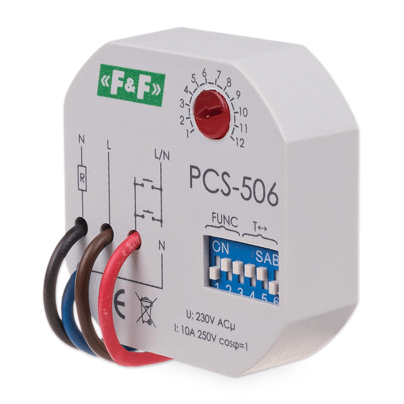 Relé časové F&F PCS-506 1x NC, 230V, 10A, do krabice Relé časové F&F PCS-506 1x NC, 230V, 10A, do krabice